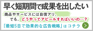 早く短期間で成果を出したい　商品やサービスには自信アリ。でも、どうやってアピールすればいいの…？　『最短5日で効果的な広告戦略』はコチラ